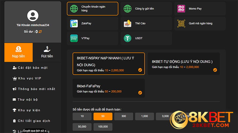 Tiến hành chọn chuyển khoản nếu bạn theo phương thức nạp tiền 8KBET là chuyển khoản ngân hàng