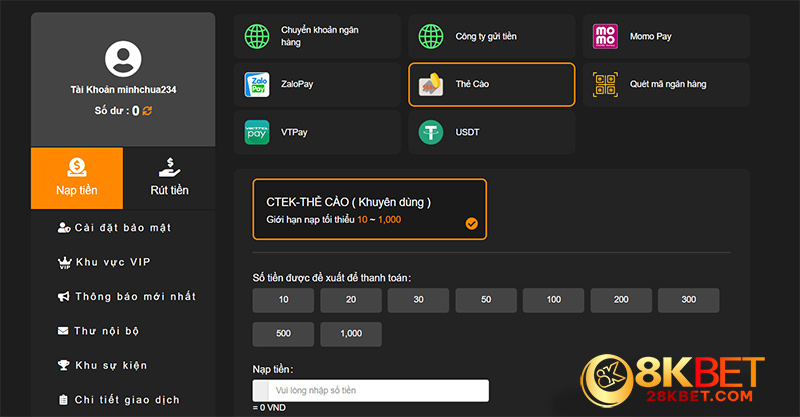 Nạp tiền thông qua thẻ cào vào 8KBET